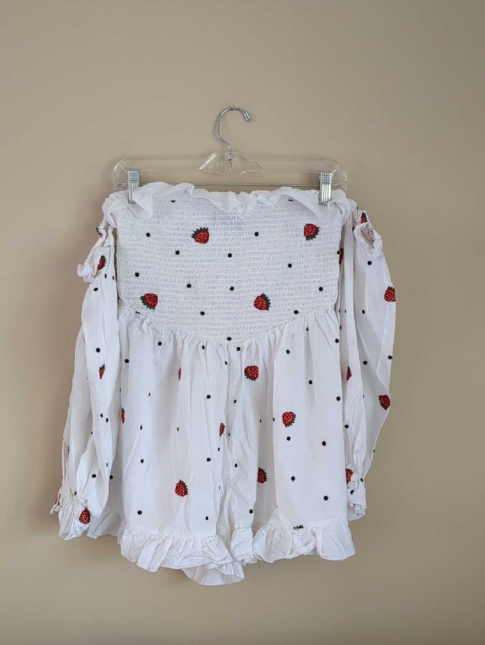 10 Asos White Strawberry Ruffle Off The Shoulder Romper Smocking